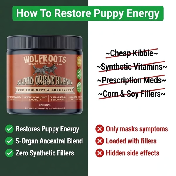 A square ad creative that uses a comparison table to contrast the brand's organ blend against inferior pet supplement market standards.
